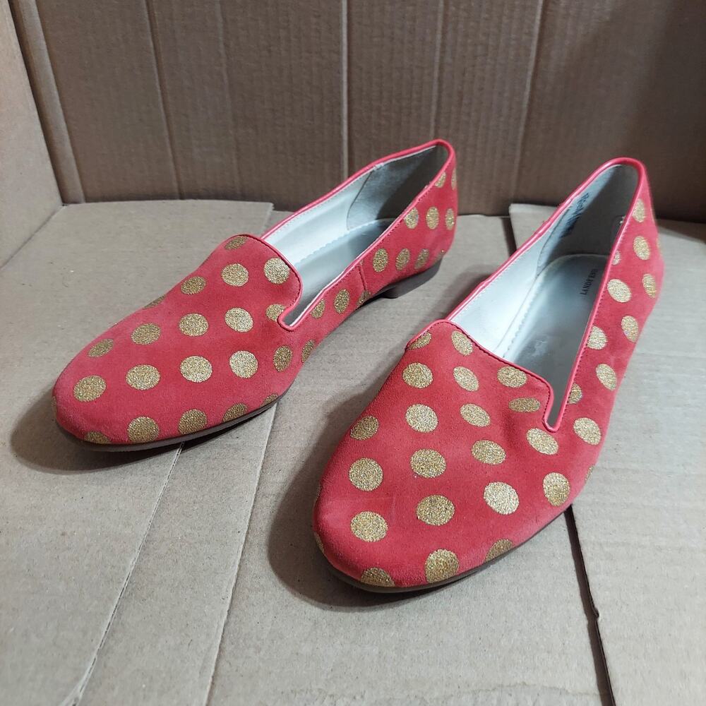 Lands End Women's US 7 M Red Gold Polka Dot Canvas Slip On Loafer Shoes